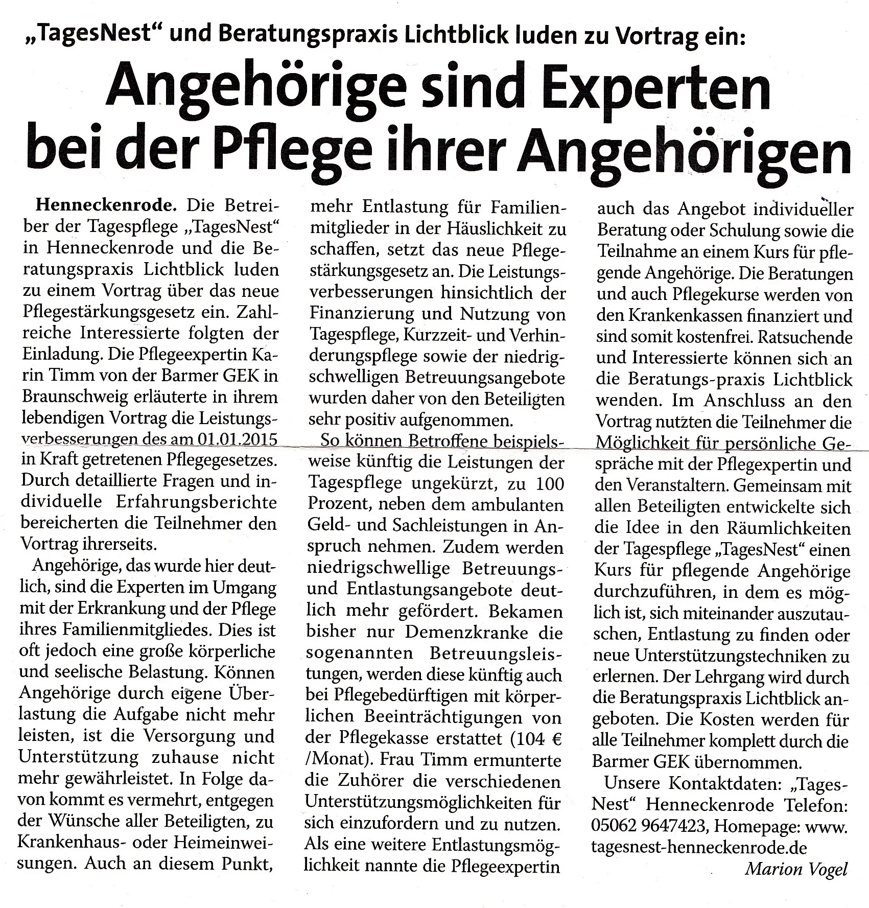 Zeitungsausschnitt Holler Nachrichten vom 15.04.2015