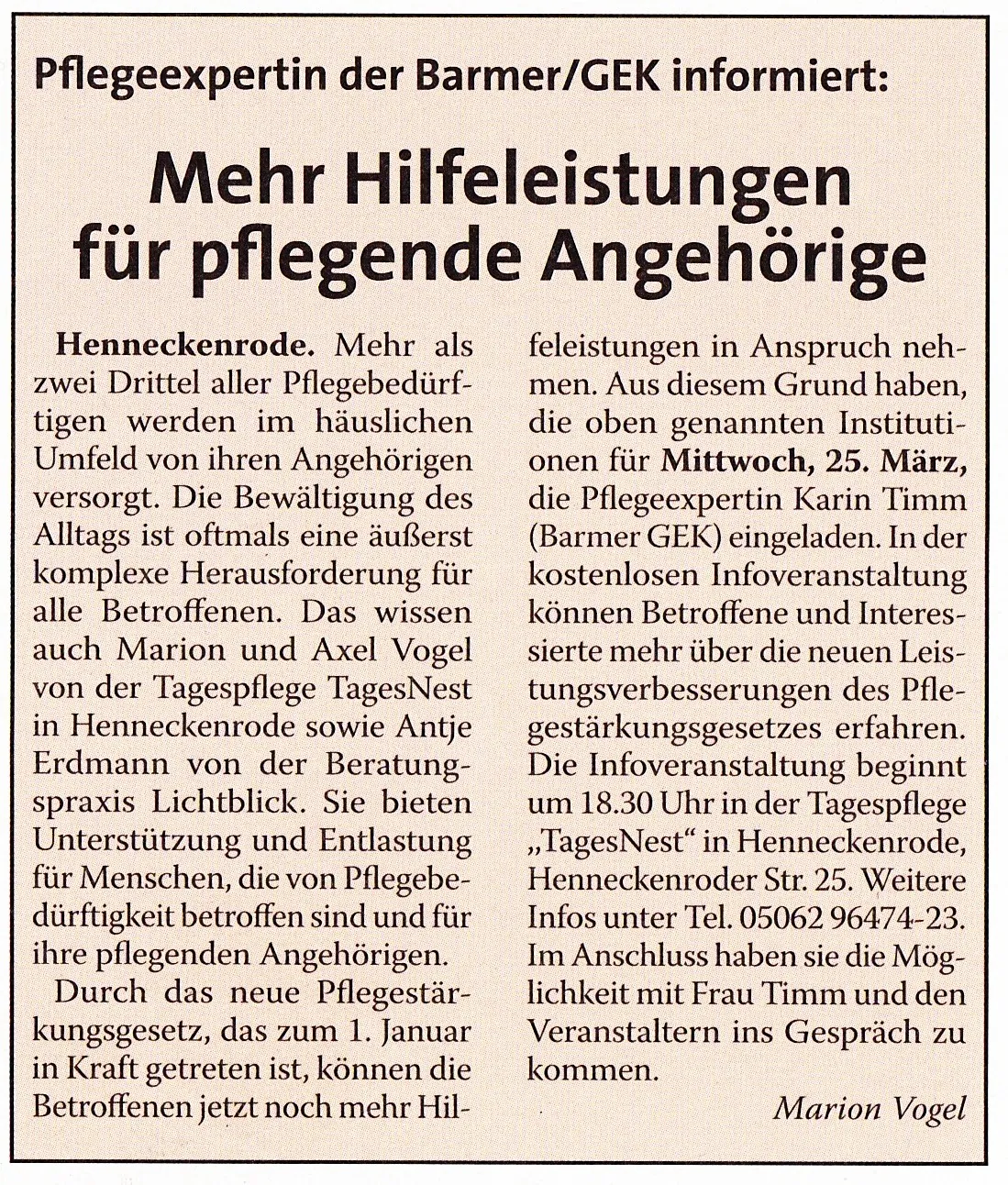 Zeitungsausschnitt Holler Nachrichten vom 11.03.2015