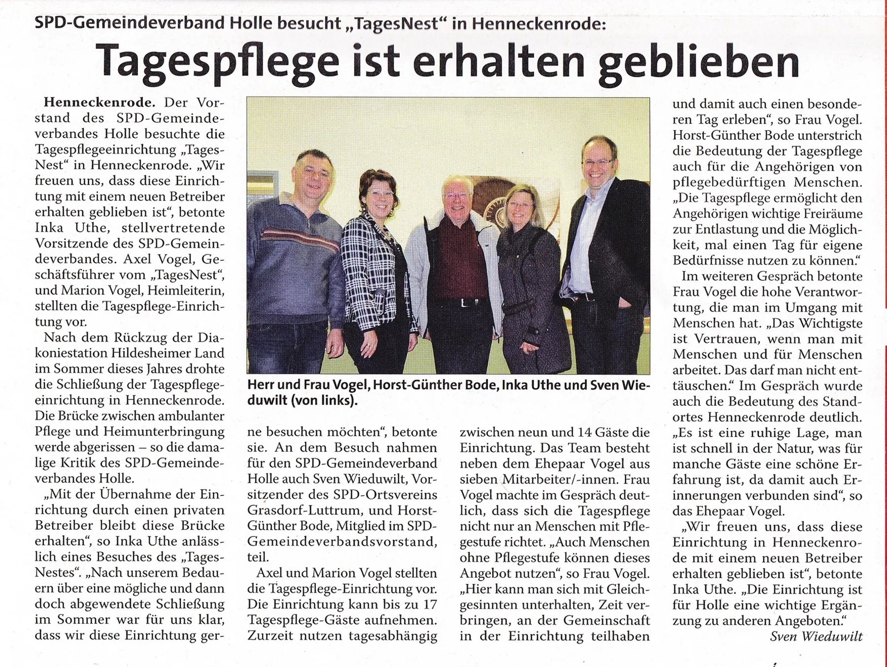 Zeitungsausschnitt Holler Nachrichten vom 14.01.2015